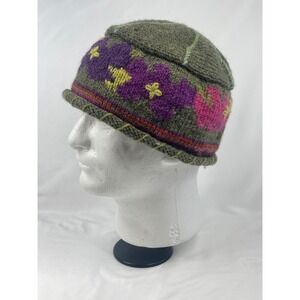 Lost Horizons Handmade Nepal Wool Beanie Fleece Lined Floral Knit Hat Green Pink